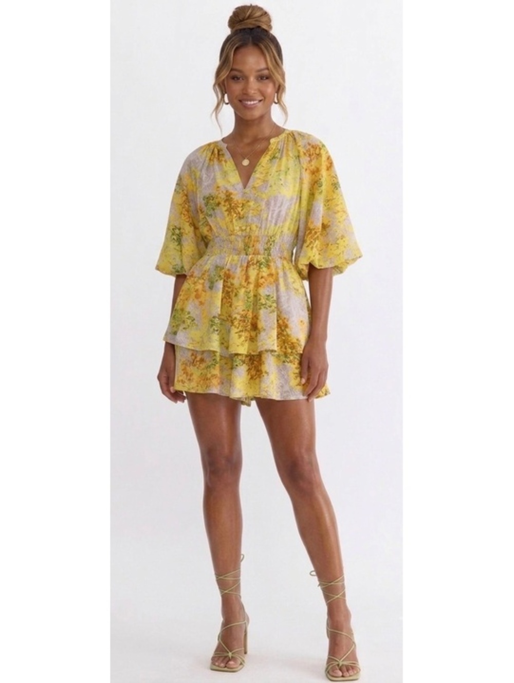 Entro- Yellow Floral Print Tiered Mini Dress with Puff Sleeves